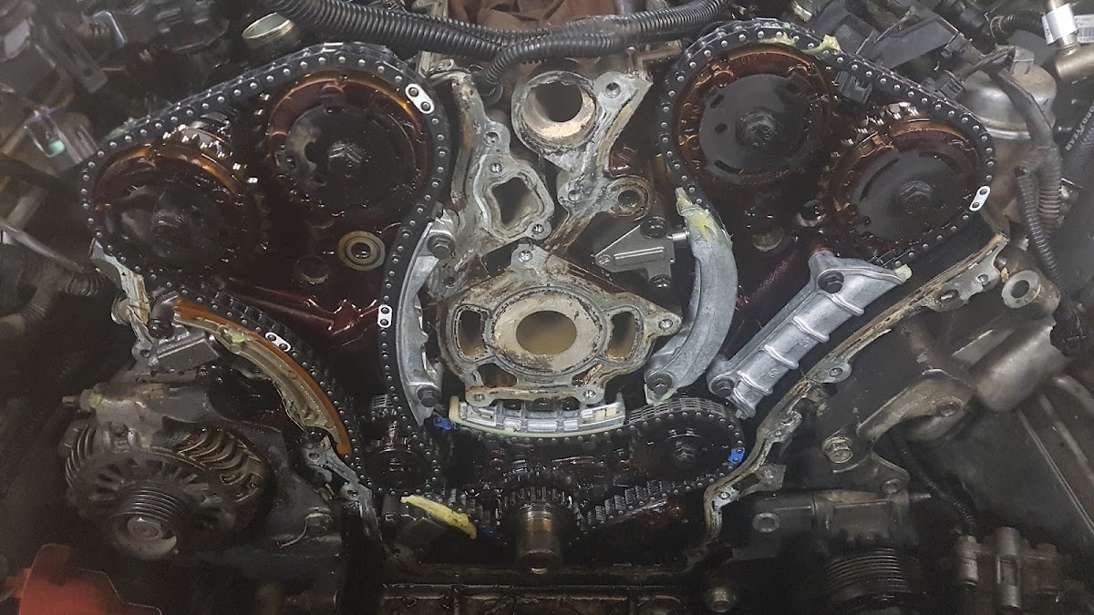 Close-up of an engine timing chain being worked on at Campbells Auto Repairs